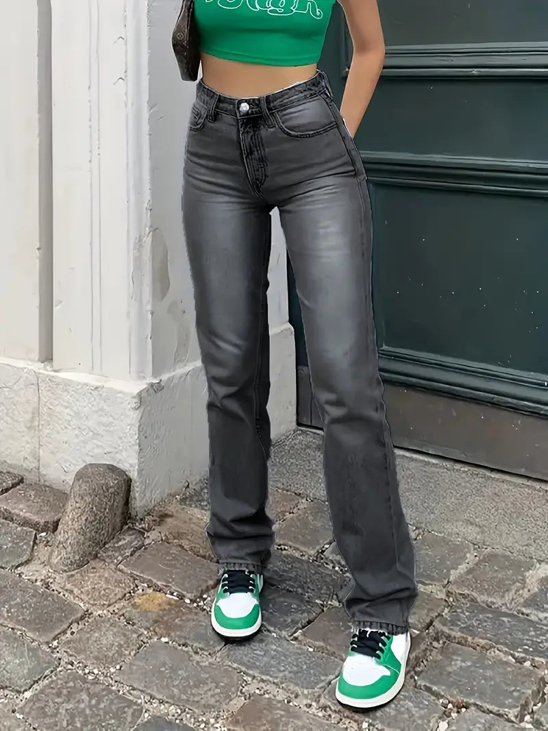 Shani® | Hohe Taille Leicht verwaschene Straight Jeans